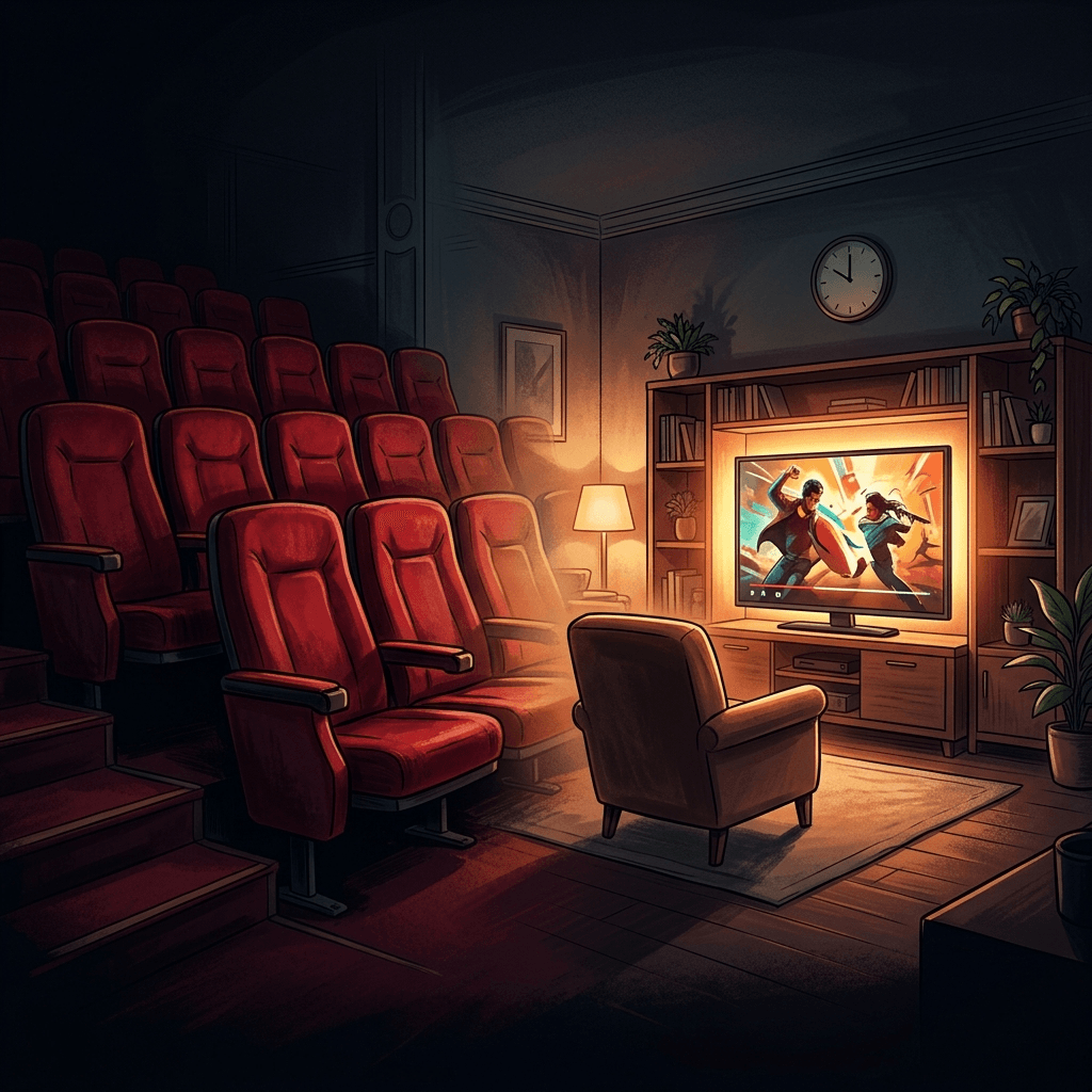 Ilustração conceitual de poltronas de cinema vazias ao lado de uma sala de estar com a TV ligada