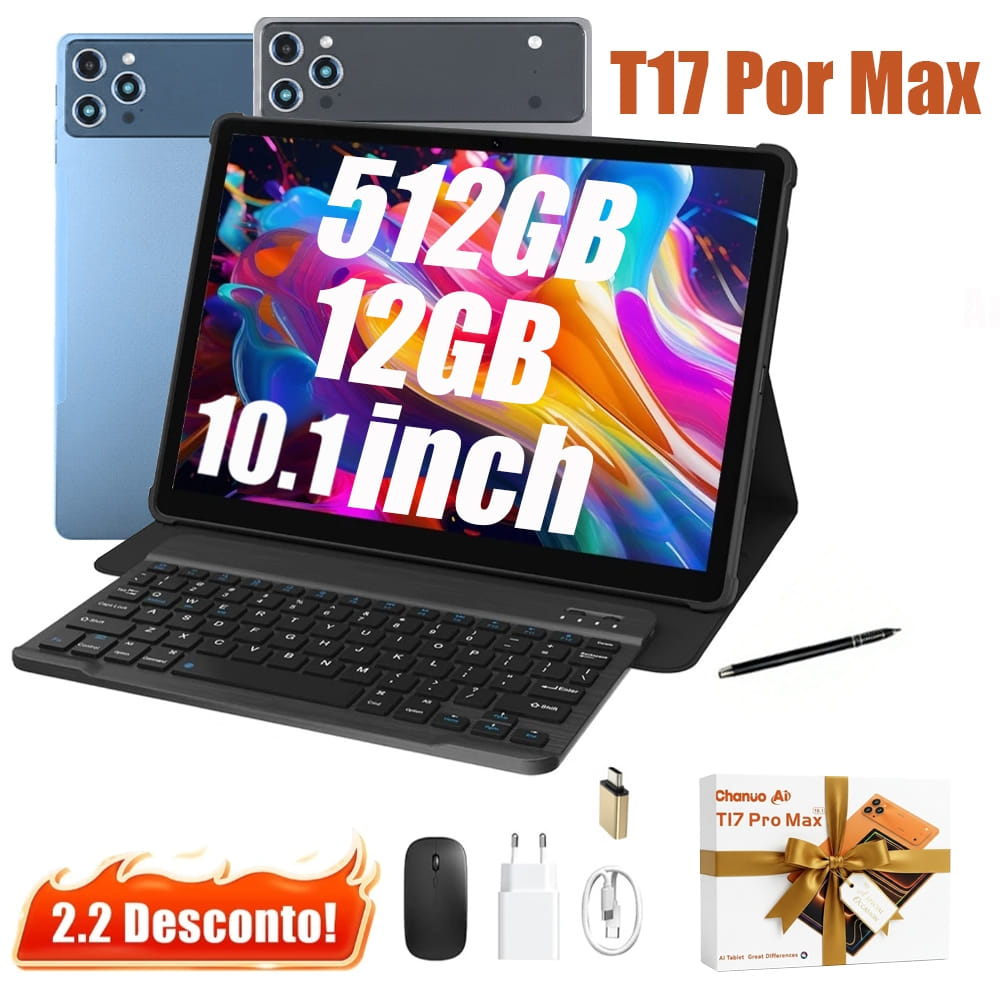 Anúncio do T17 Pro Max na Shopee, com o tablet laranja e os acessórios que vêm na caixa