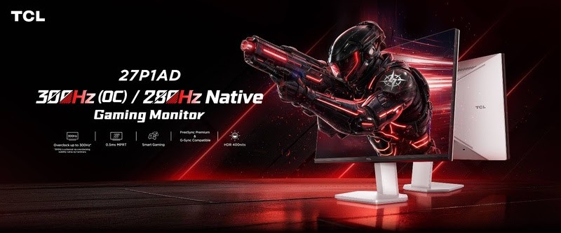 Banner oficial do TCL 27P1AD com destaque para os 300 Hz em overclock e os 280 Hz nativos
