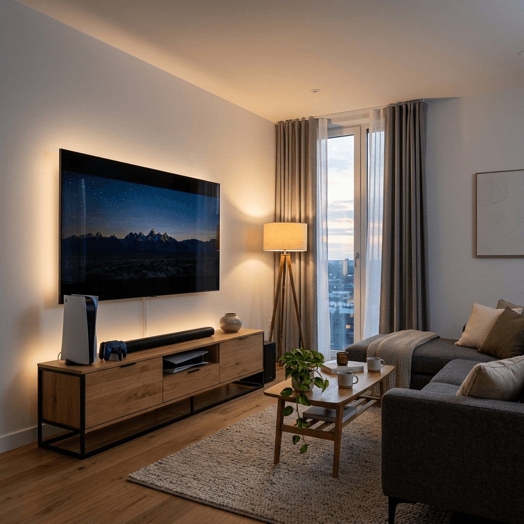 Ilustração: smart TV em sala de estar com console de videogame