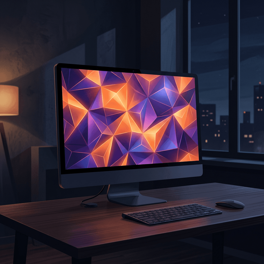 Ilustração de um computador de mesa com papel de parede geométrico laranja e roxo