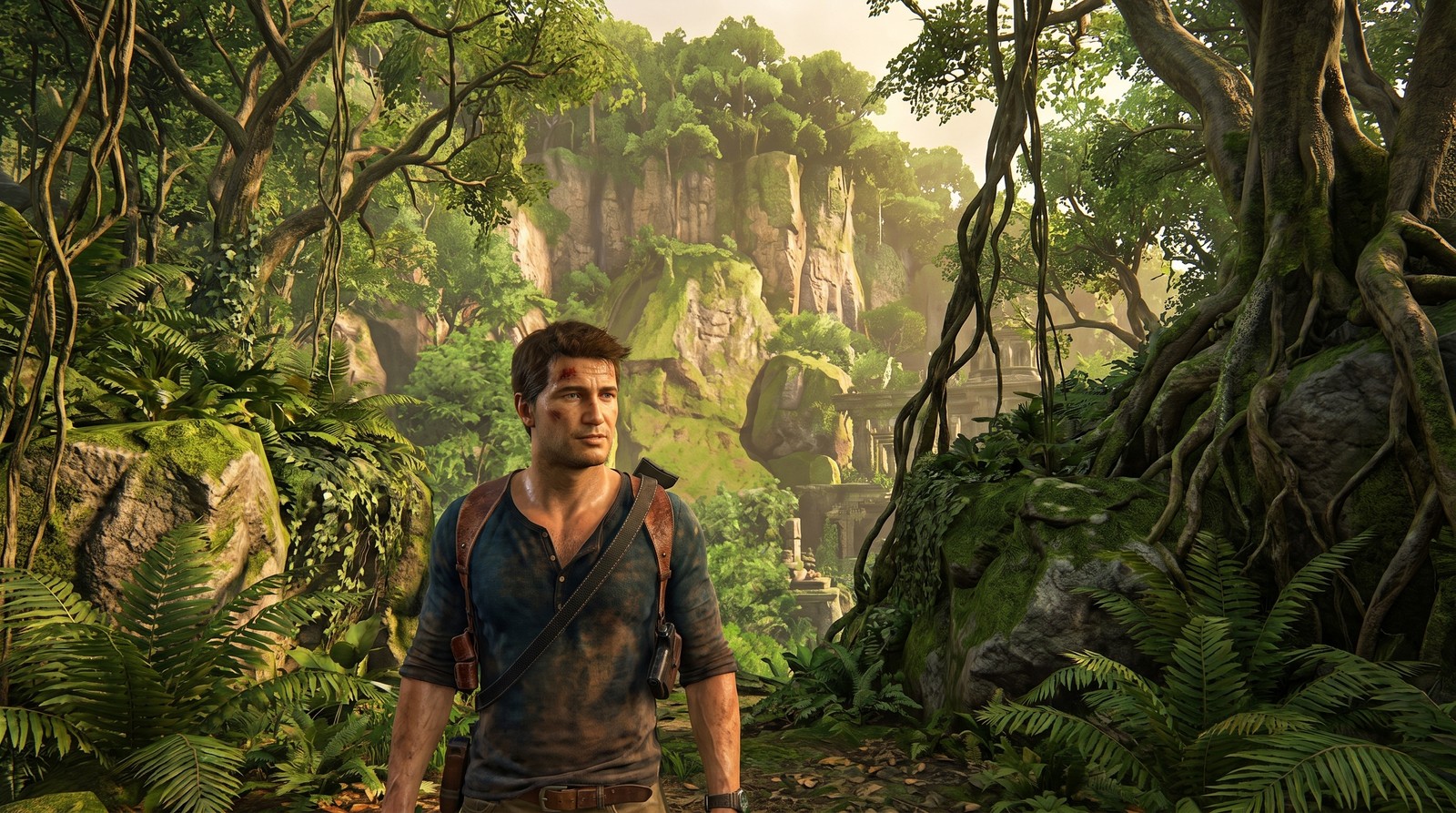 Nathan Drake na selva em Uncharted 4: A Thief's End