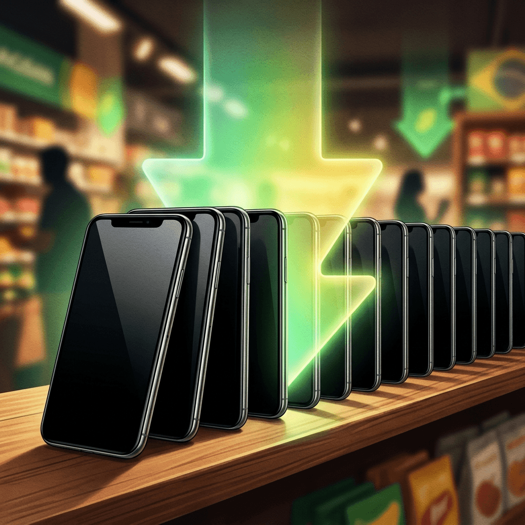 Ilustração conceitual de smartphones enfileirados como dominós numa prateleira de loja