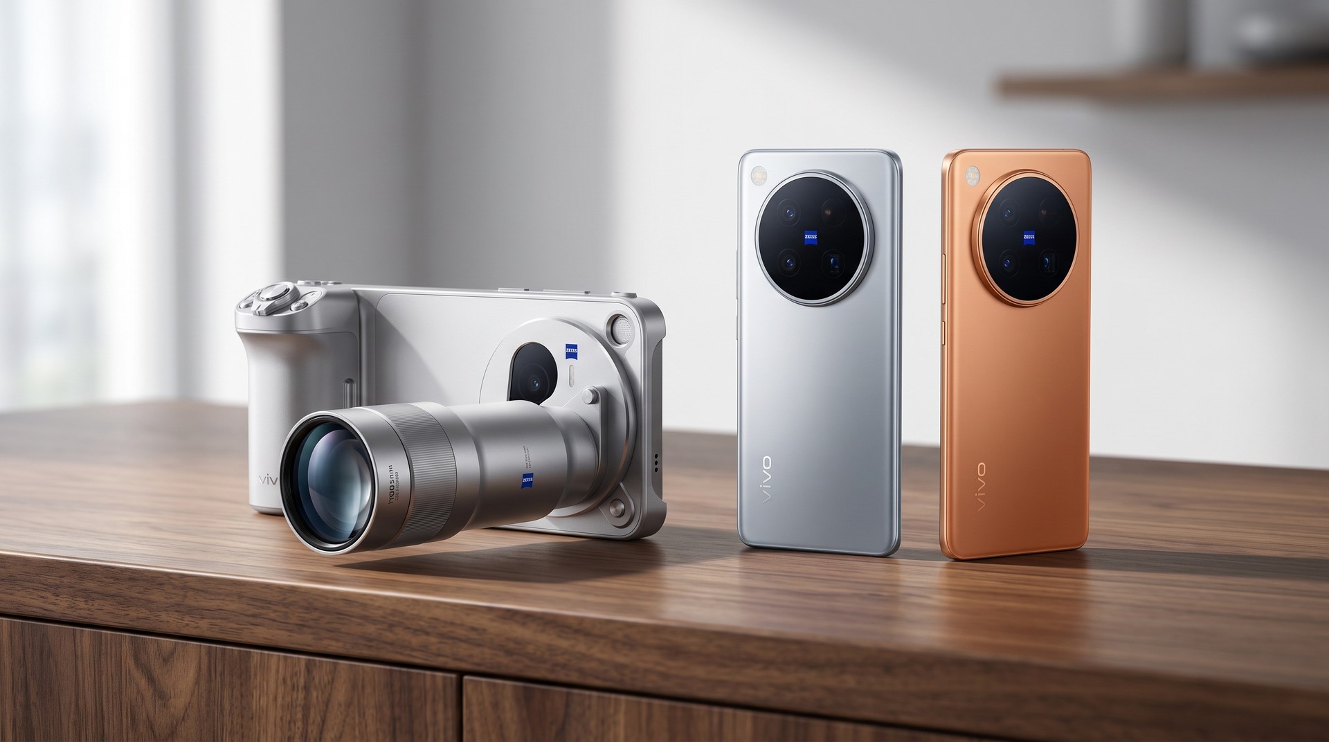 Renders do vivo X500 Pro Max nas cores prata e laranja, com o kit de fotografia e a lente teleconversora