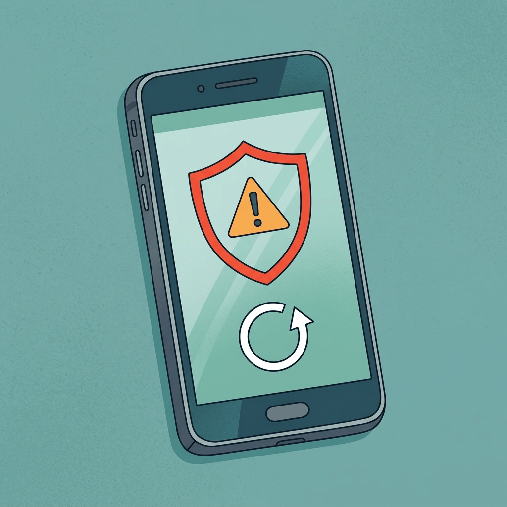 Ilustração de celular com escudo de alerta e ícone de atualização na tela