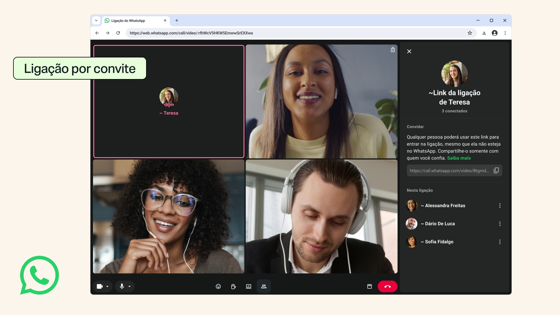 Tela de ligação por convite do WhatsApp em português
