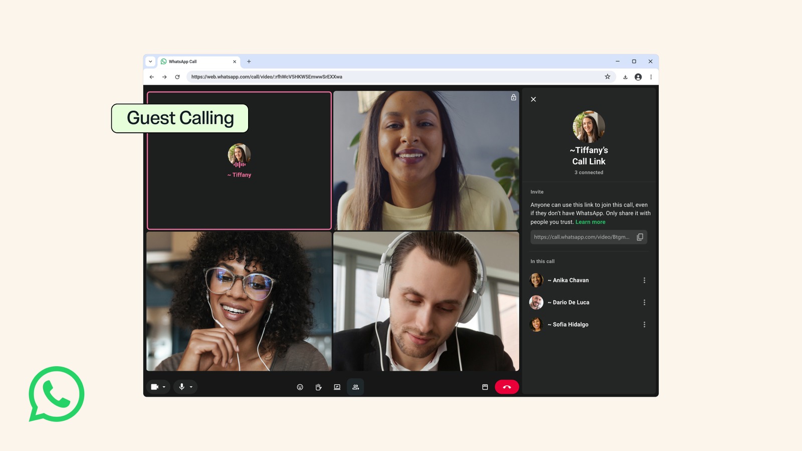 Chamada em grupo do WhatsApp aberta no navegador com convidados