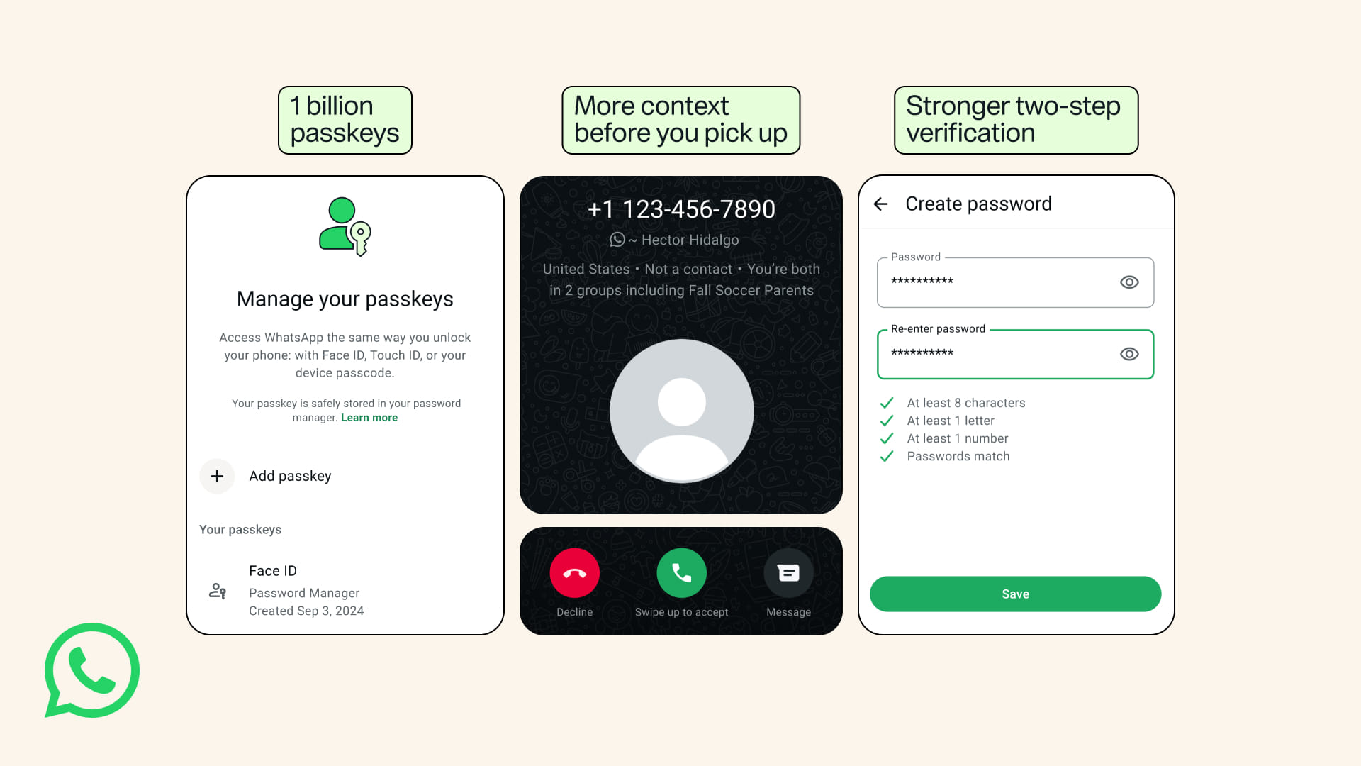 Novas telas de segurança do WhatsApp com passkeys, contexto de chamadas e senha reforçada