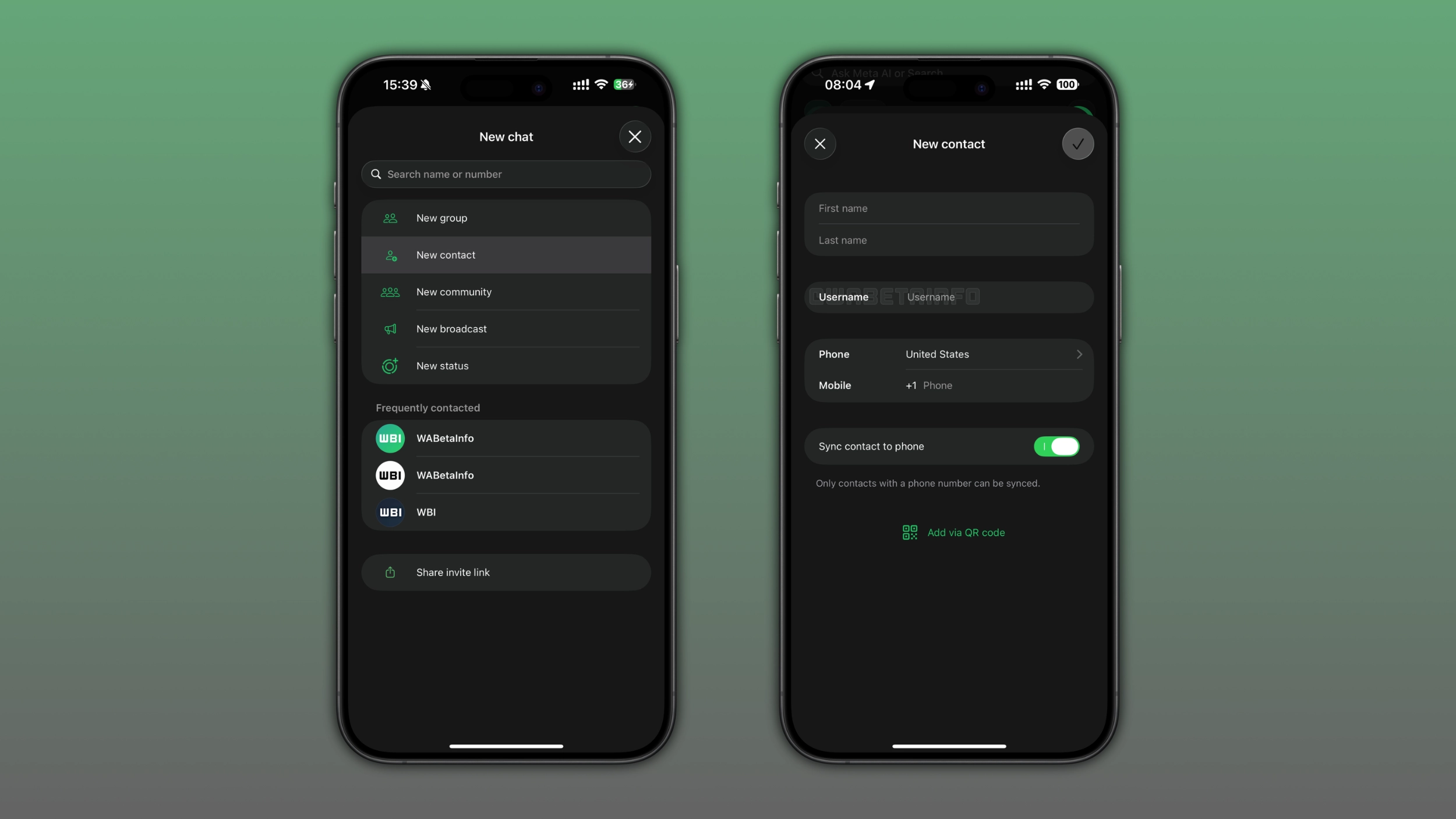 Campo de username do WhatsApp na tela de novo contato