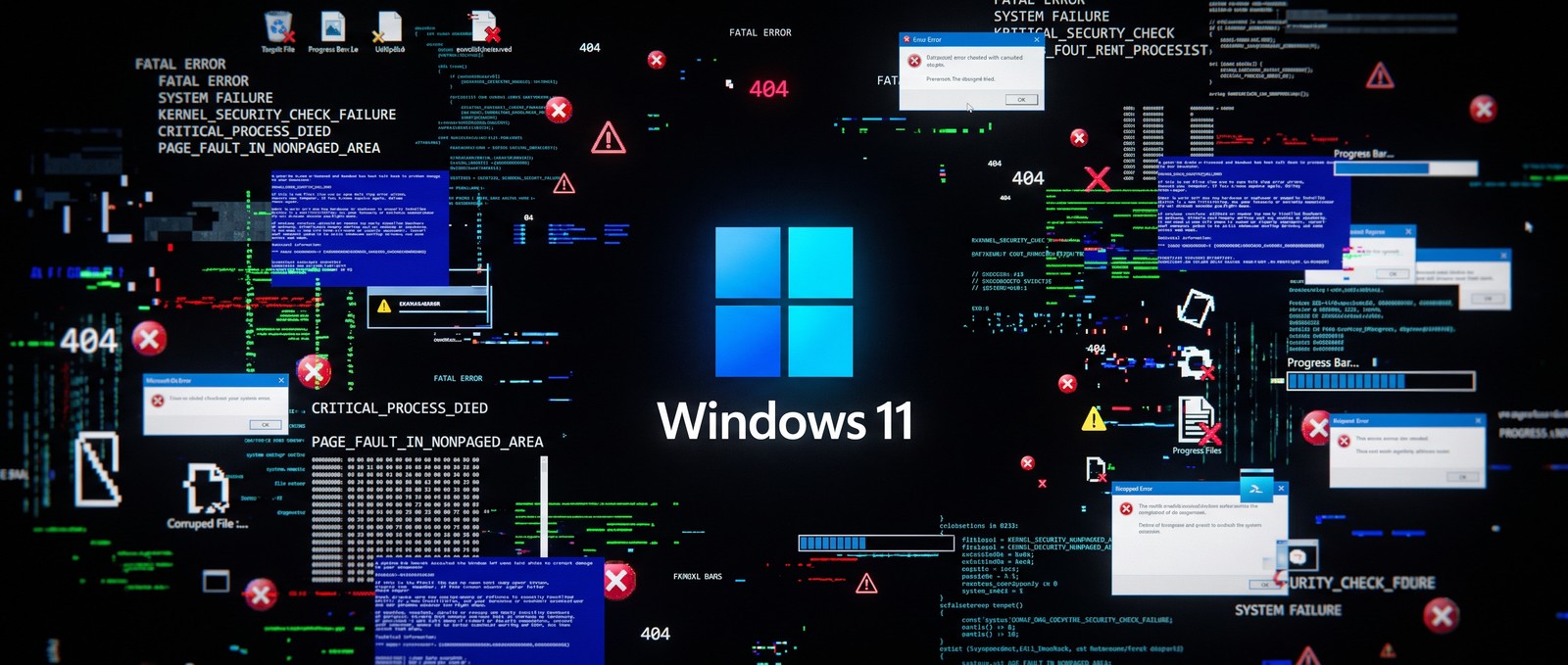 Ilustração de mensagens de erro e falhas em tela do Windows 11
