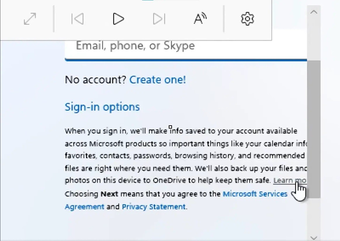 Tela de configuração inicial do Windows 11 com o link de opções de login em destaque