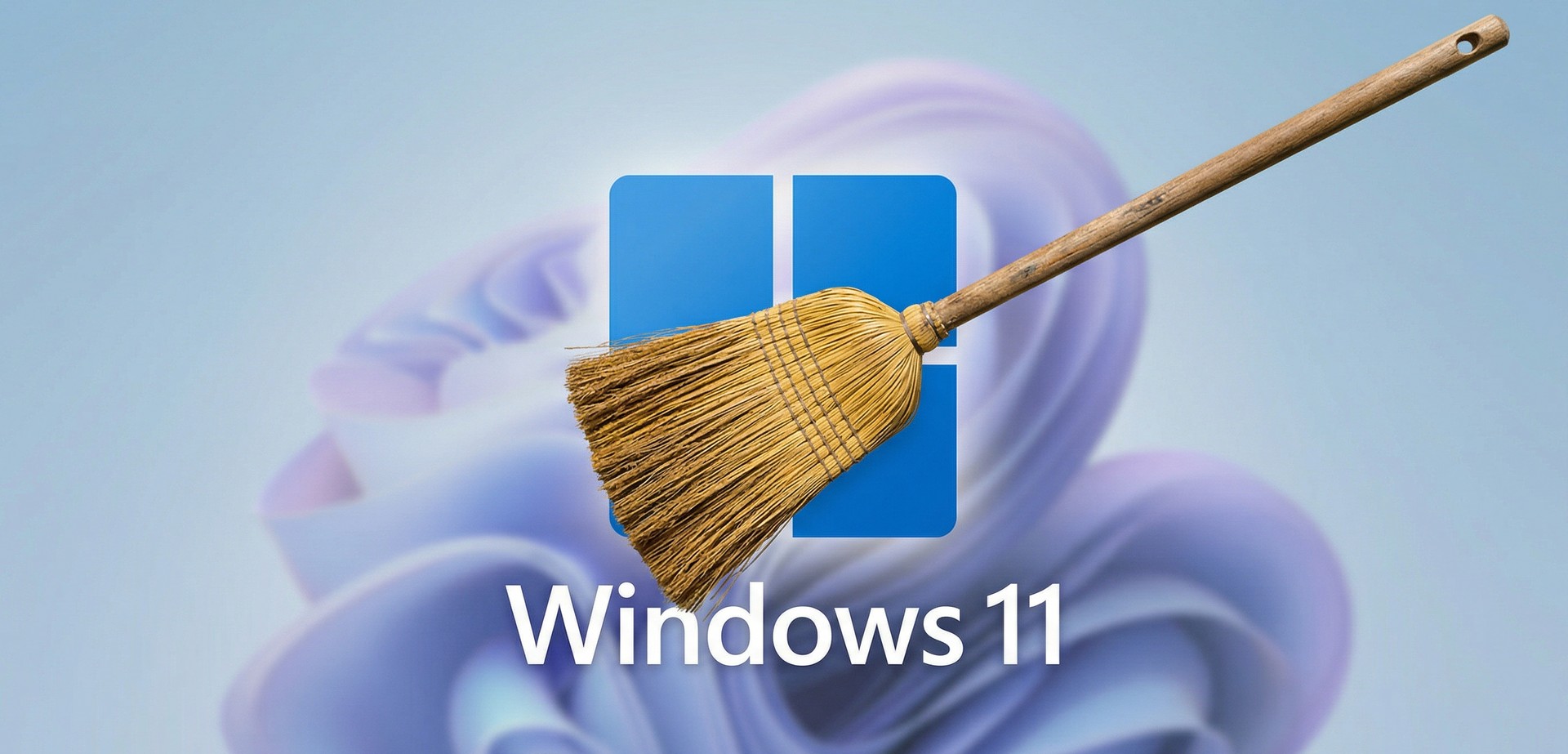 Ilustração com o logo do Windows 11 e uma vassoura, representando a limpeza de configurações de segurança