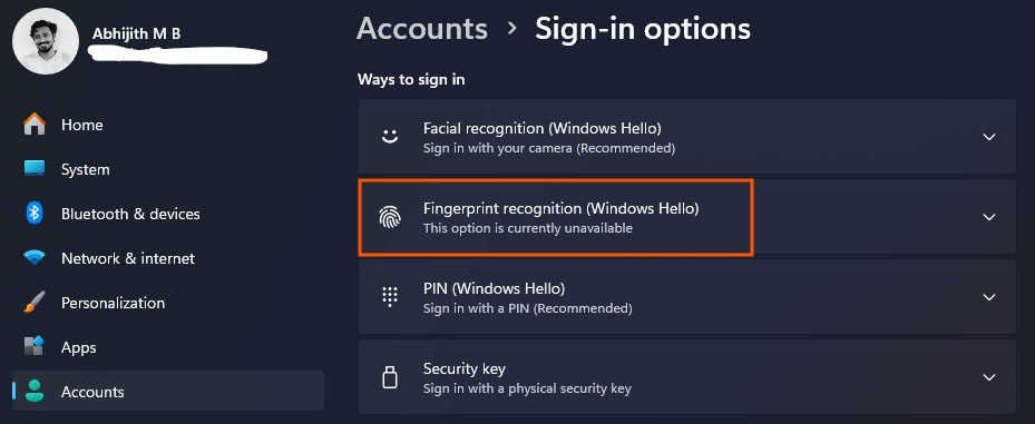 Windows Hello suporte leitores externos