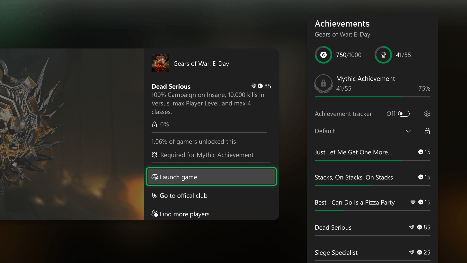 Barra de progresso rumo à Conquista Mítica no Xbox