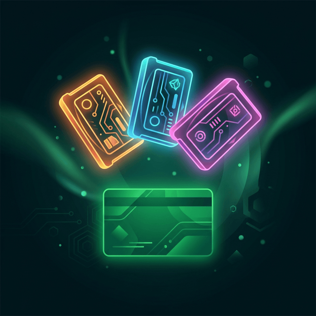Ilustração conceitual de três cartuchos de jogo flutuando sobre um cartão de assinatura verde