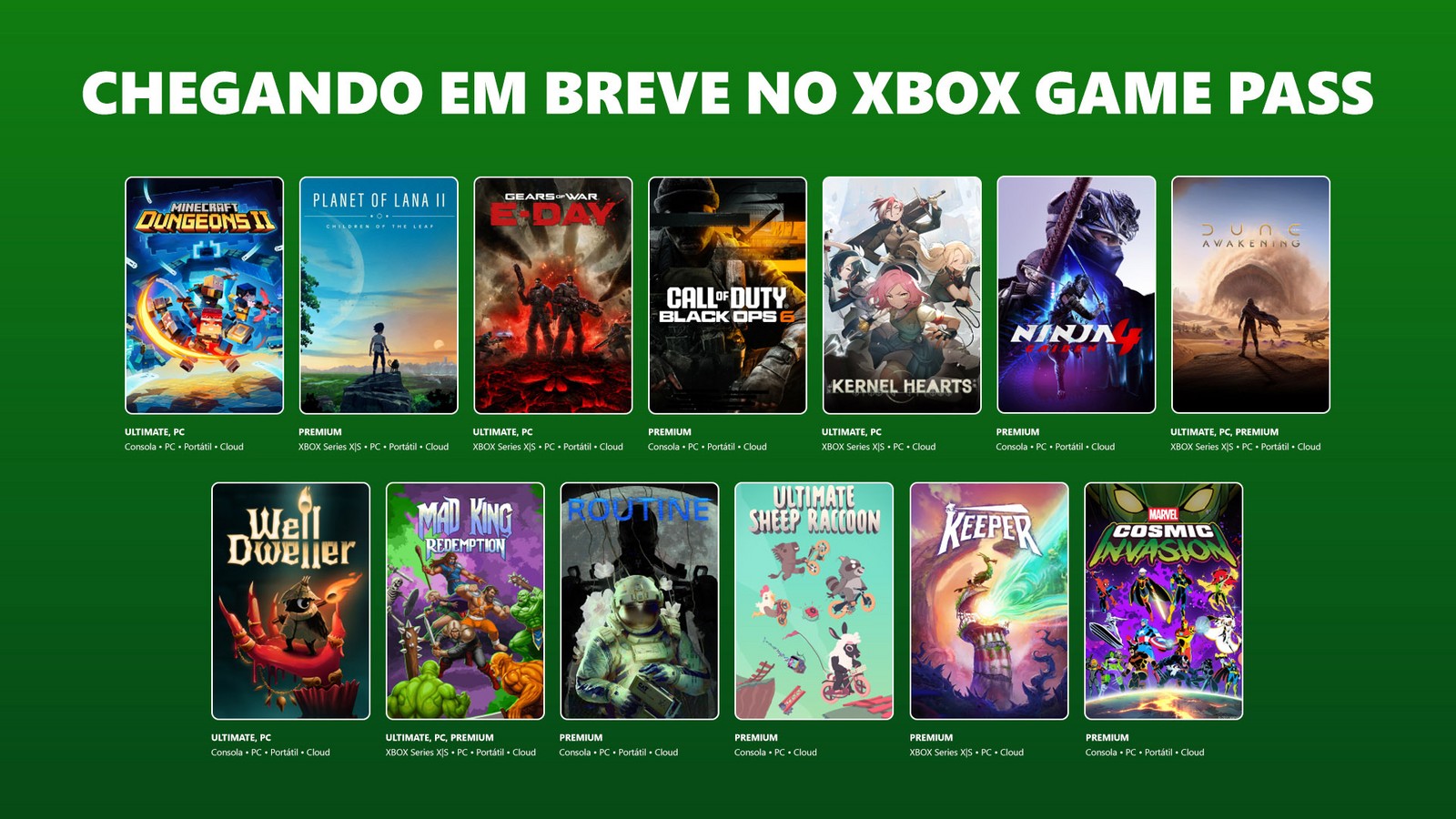 Xbox Game Pass confirma Gears of War: E-Day, Minecraft Dungeons II e Dune: Awakening na segunda leva de setembro