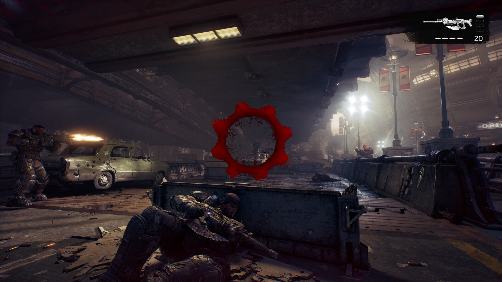 Cena de tiroteio entre carros abandonados em Gears of War: E-Day
