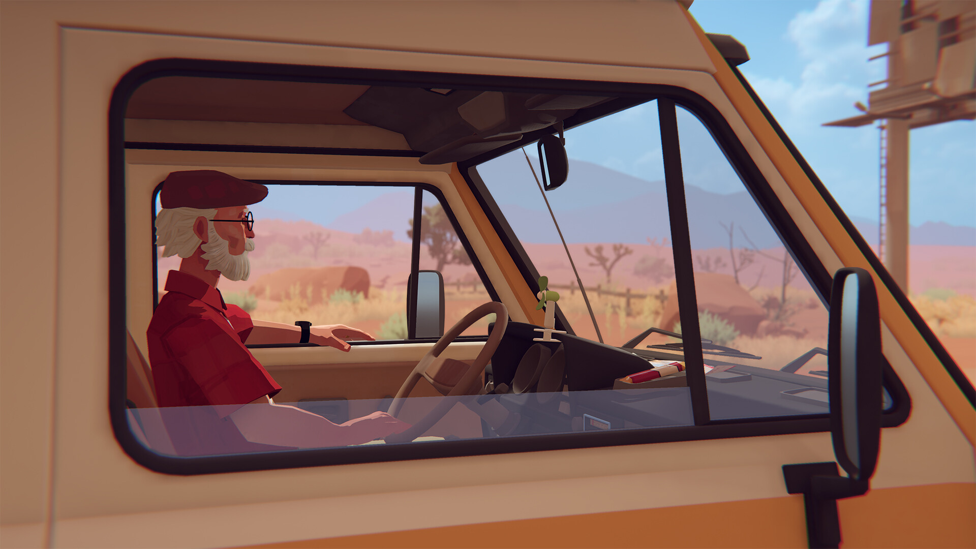 Alfred dirigindo uma caminhonete no deserto em Forever Ago