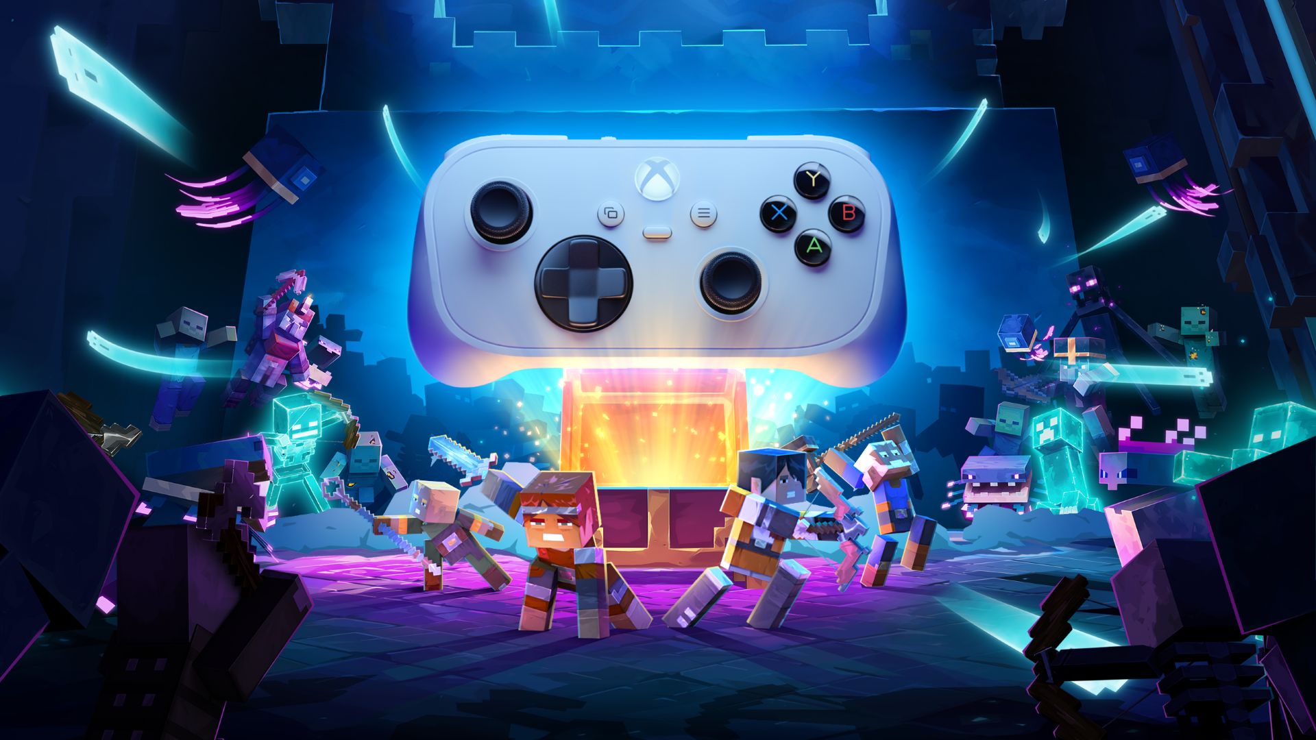 Arte de Minecraft Dungeons II com o controle Xbox Nano