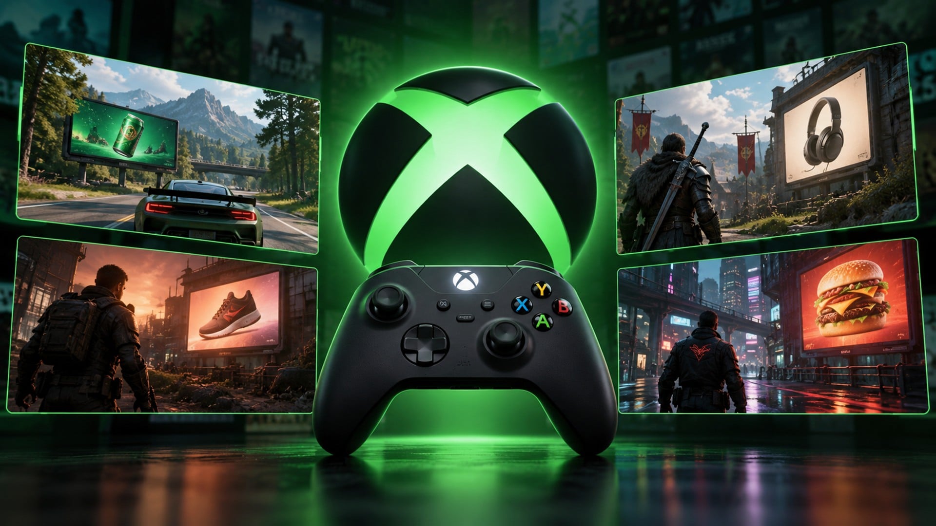 Arte do Xbox com controle e anúncios projetados em telas ao redor