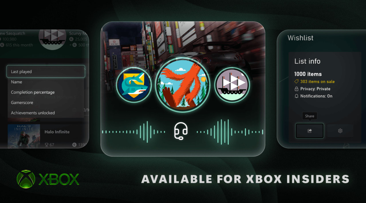 Tela do novo update do Xbox mostrando ordenação de conquistas e lista de desejos ampliada