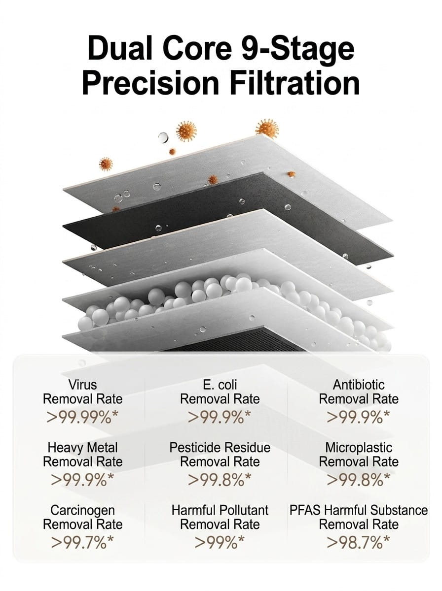 Infográfico oficial da Xiaomi com as nove etapas de filtragem e as taxas de remoção de contaminantes