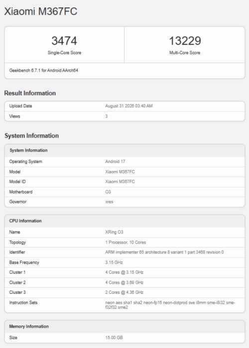 Listagem do Xiaomi Pad 9 Pro Max no Geekbench