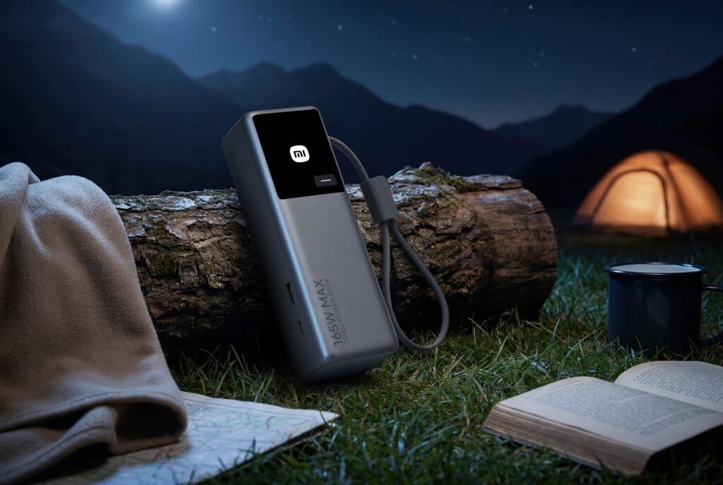 Power bank de 20.000 mAh e 165 W da Xiaomi em cenário de acampamento