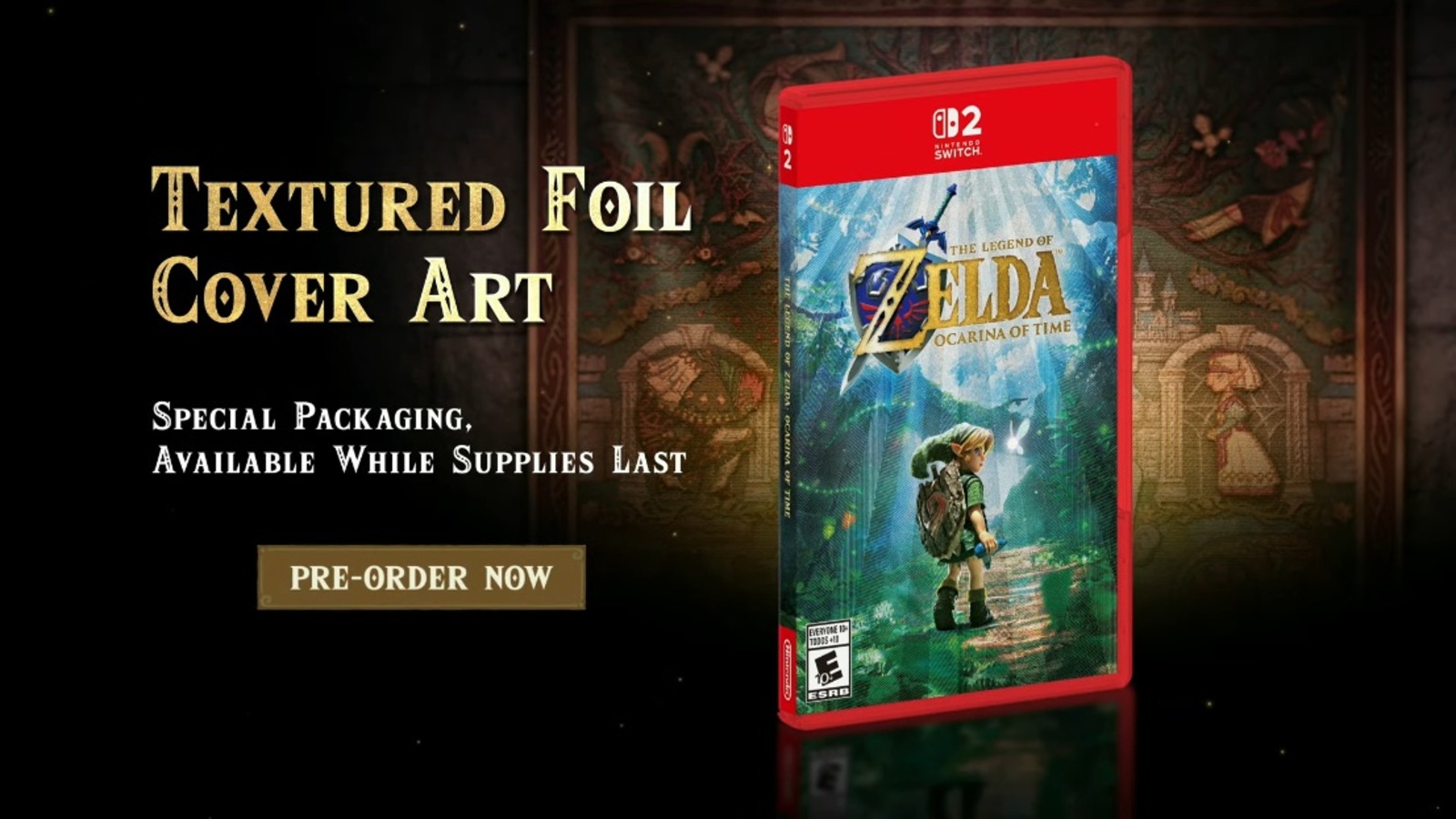 Capa da edição física de Ocarina of Time com acabamento texturizado em foil